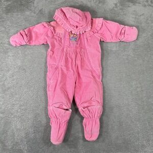 OshKosh Corduroy Snowsuit Baby 12M Pink Floral Hooded Bunting Vintage 90s